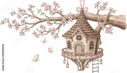 Whimsical Treehouse Illustration with Cherry Blossoms and Butterflies for a Fairytale Aesthetic