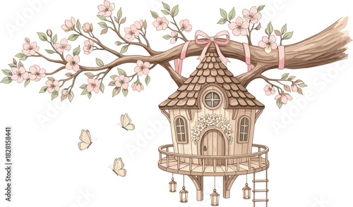Enchanting Treehouse Haven with Cherry Blossoms and Gentle Butterflies