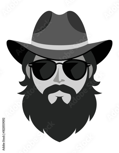 Bearded cowboy in sunglasses with wide-brimmed hat vector for fashion logo design and modern branding graphics