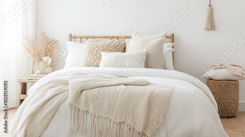 Boho Bedroom with Textured Throw and Rattan Headboard, home decor , bedroom