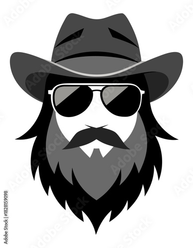 Bearded cowboy in black and gray with sunglasses and hat vector ideal for modern logos and branding identity design