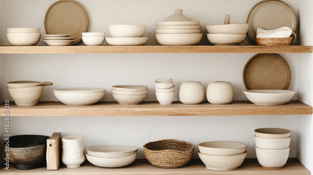 custom made wallpaper toronto digitalCeramic bowls and plates on wooden shelves, pottery , kitchenware