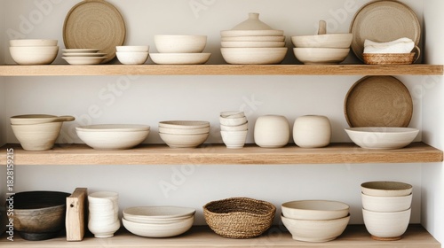 Wallpaper Mural Ceramic bowls and plates on wooden shelves, pottery , kitchenware Torontodigital.ca
