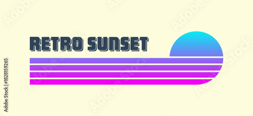 Vintage colorful sunset. Various gradient striped sunrise badges in 80s and 90s style. Sun and ocean view, summer vibes, surfing. Design element for print, logo or t-shirt. Vector illustration