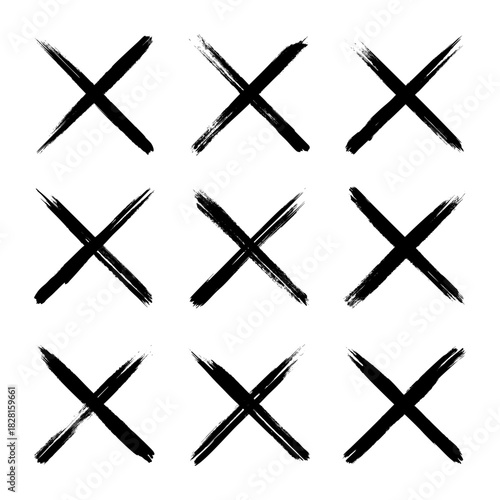 Grunge crosses, brush strokes, x mark, lines, ink smudges, hand-drawn scribble shapes. Handmade sketchy marks, acrylic stains, charcoal streaks. Paint textures, dry brush effect. Vector illustration