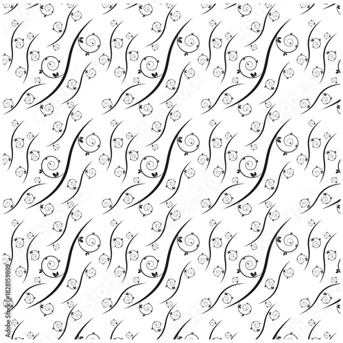 Background of a repeating floral decorative pattern with twisting black lines in an elegant artistic style