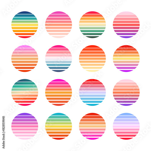 Vintage colorful sunset. Striped gradient sunrise badges in 80s and 90s style. Sun and ocean view, summer vibes, surfing. Design element for print, logo or t-shirt. Vector illustration