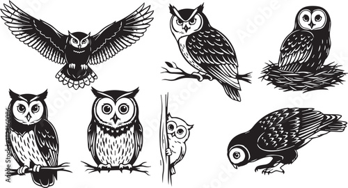 A collection of seven stylized owl illustrations in black and white, showcasing various poses and perspectives.