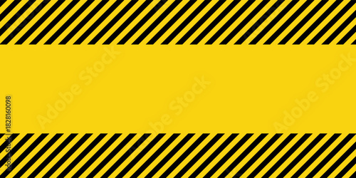 Warning sign with yellow and black diagonal lines. Attention, danger or caution symbol. Construction site signage, road safety notice, hazard banner, security alert shield. Vector illustration