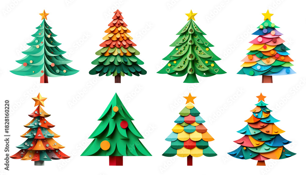 Obraz premium PNG Colorful paper Christmas trees, element set on transparent background