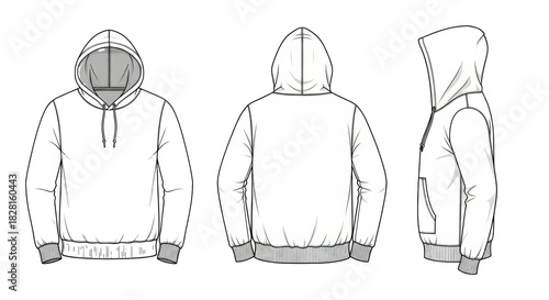 Classic hooded sweatshirt technical flat sketch with drawstring hood, ribbed cuffs, hem, kangaroo pocket, shown in front, back, profile views on transparent background, concept of apparel design