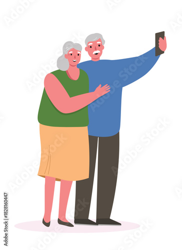 An elderly couple takes a selfie. Pensioners spend time together, enjoying life. Vector flat graphics.