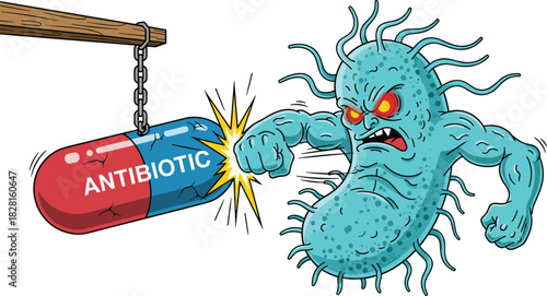 Angry blue bacterium punching a red and blue antibiotic capsule bacteria germ