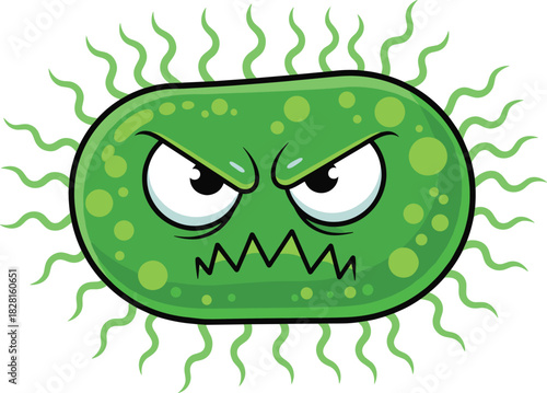 Angry green cartoon bacterium with wavy tendrils and spots germ microbe