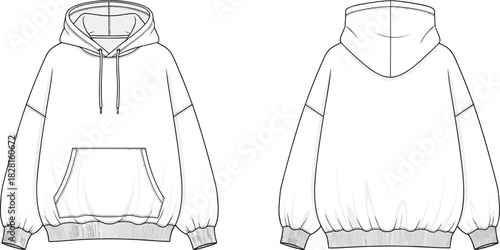 Black and white fashion flat sketch of a hooded sweatshirt front and back views fashion sketch
