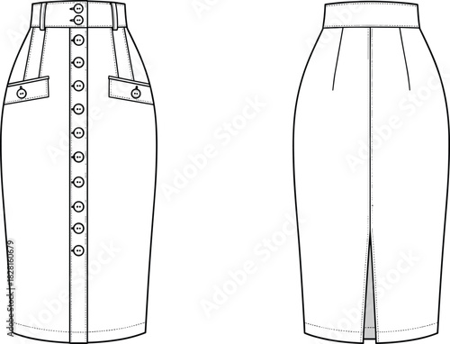 Black and white fashion illustration of a button-front pencil skirt with pockets and back slit