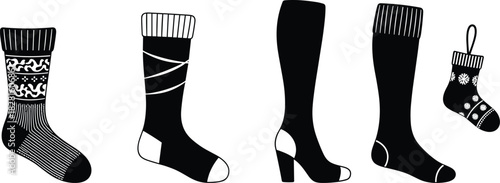 Black and white graphic collection of various socks and a stocking footwear clothing