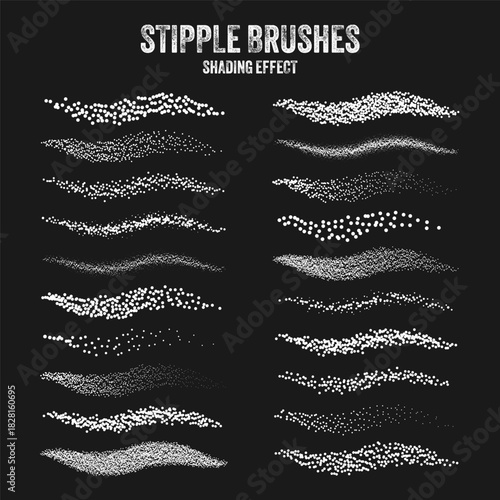 Ink scatter brush, stipple drawing and texturing. Fading gradient. Stippling, dotwork drawing, shading using dots. Halftone disintegration effect. White noise grainy texture. Vector illustration