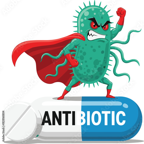 Cartoon bacterium superhero standing on antibiotic capsule with red cape bacteria