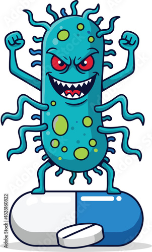Cartoon blue bacterium with red eyes flexing on a blue and white capsule germ microbe