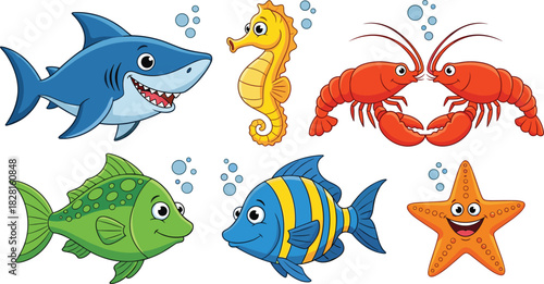 Cartoon ocean animals including shark seahorse lobsters fish and starfish