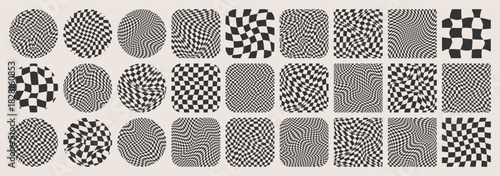 Groovy checkered pattern, colorful tiled grid. Vintage wavy curved backdrop, distortion effect. Funky geometric chessboard texture, retro background in 90s style, y2k. Vector illustration