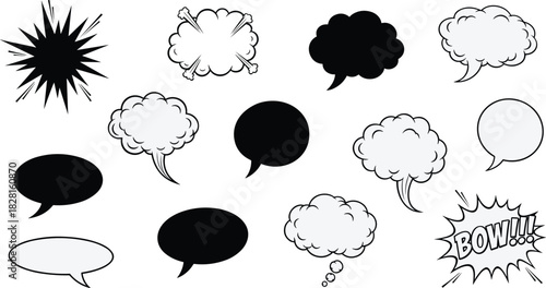 Collection of black and white comic book speech and thought bubbles speech bubble