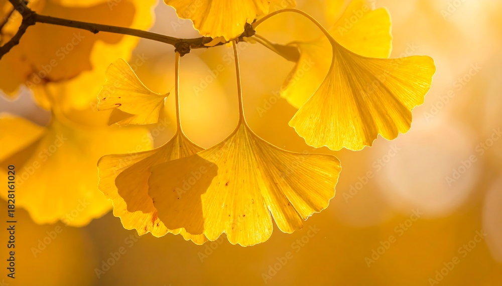 Obraz premium Golden ginkgo leaves hang from a twig, backlit by a bokeh-filled, warm, bright light. Close-up, vibrant yellow hues dominate