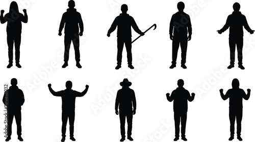 Collection of black male silhouettes in various poses and outfits person human