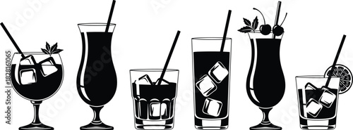 Collection of black silhouette cocktail drinks with ice and garnishes beverage glass