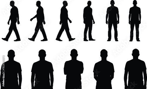 Collection of black male silhouettes in various walking and standing poses person