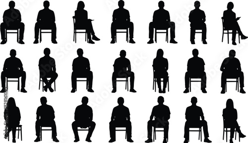 Collection of black silhouettes of people sitting on chairs in various poses vector