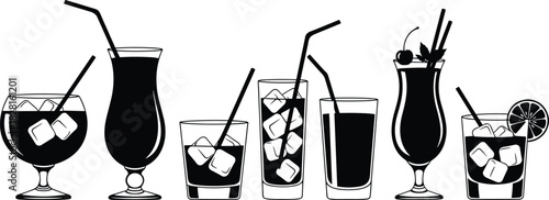 Collection of six black silhouette cocktail glasses with ice cubes and straws drink