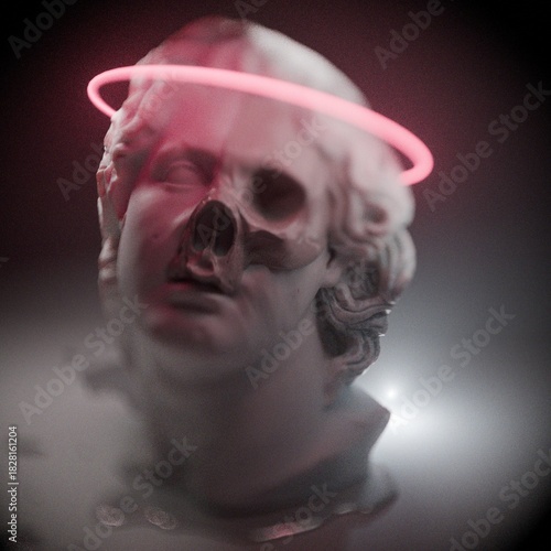 A classical Alexander the Great sculpture reinterpreted with digital 3D design, featuring fragmented skull elements across the face and illuminated by a vibrant neon halo overhead
