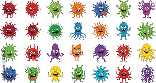 Collection of twenty-eight cartoon virus and bacteria characters with various expressions