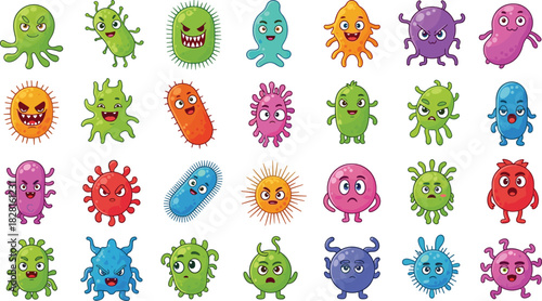 Collection of twenty-four cartoon microbes with diverse expressions and colors character
