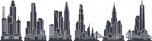 Dark grey silhouette skyline with diverse skyscrapers and bridges cityscape building