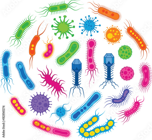 Diverse collection of colorful cartoon bacteria viruses and bacteriophages microbe