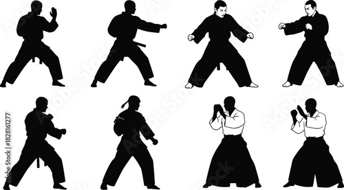 Eight Black Silhouettes of Martial Artists in Combat Poses martial arts karate