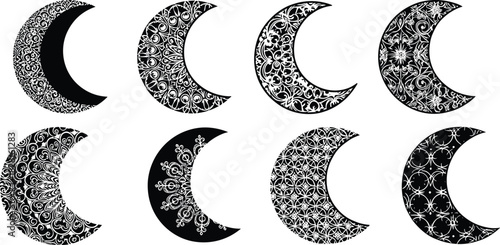 Eight black crescent moons with intricate white ornamental patterns celestial night