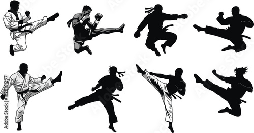 Eight Martial Artists Performing Kicks In Black And White Silhouettes And Line Art