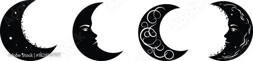 Four black crescent moons with decorative elements and faces on white background