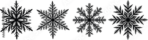 Four Black Silhouette Snowflakes on White Background winter crystal