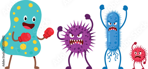 Four cartoon microbes with angry and happy expressions in a line bacteria virus