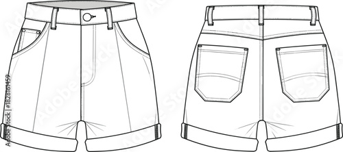 Front and back flat sketch of cuffed denim shorts with pockets and button closure