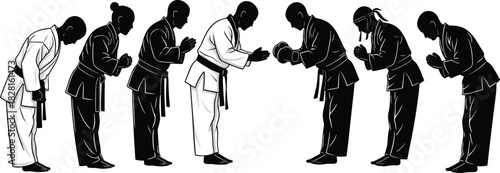 Group of martial artists bowing in unison on white background martial arts karate
