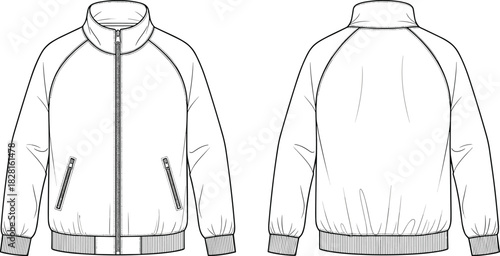 Front and back view fashion illustration of a zip-up bomber jacket with ribbed cuffs and hem