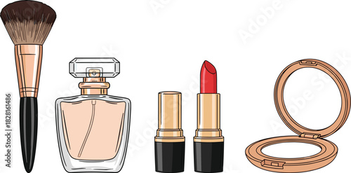 Makeup brush perfume bottle lipstick and compact powder on white background cosmetics