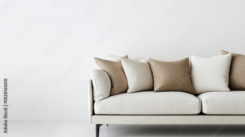 Fototapeta premium Neutral Beige Sofa and Pillow Arrangement, Modern Living , Interior Design