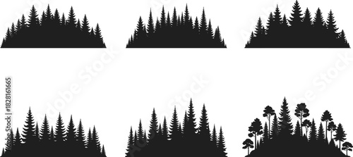 Six black silhouette forest borders with pine trees and deciduous trees evergreen